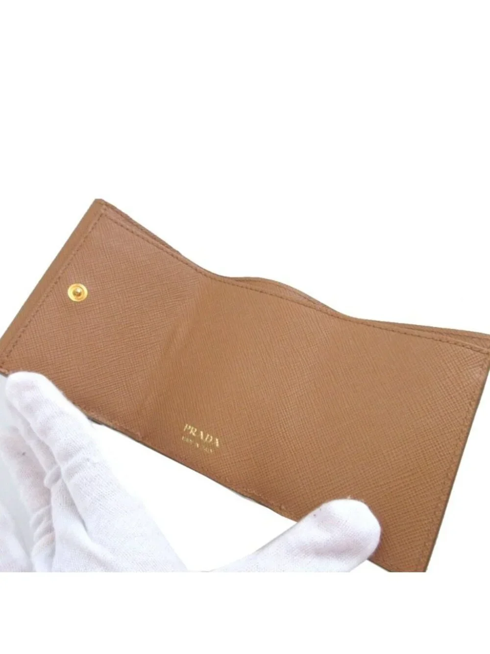 Prada Un Triangular Plate Saffiano Leather Beige Compact Wallet